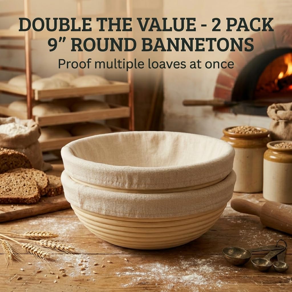 Saint Germain Bakery Premium Round Bread Banneton Basket - Set of 2 | 9" Round Baskets with Liner
