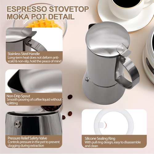 Uncoated 2 Cup Moka Pot 304 Thickened Stainless Steel Coffee Maker Stovetop Espresso Coffeemaker Italian Classic Style Brewing Greca Cafe Mocha Machine for Cafeteras Camping Travel Home 100ml 3.3oz
