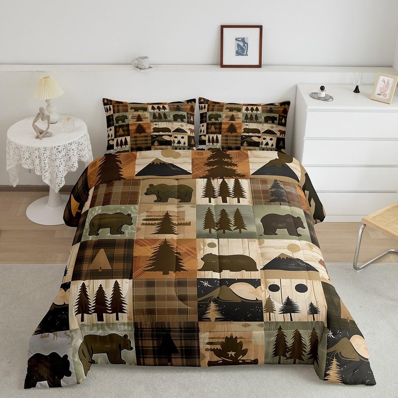 Feelyou Kids Bear Comforter Twin Size, Camper Comforter Set Boys Girls Rustic Cabin Country Bedding Set Western Farmhouse Teens Duvet Set Bedroom Decor 2Pcs