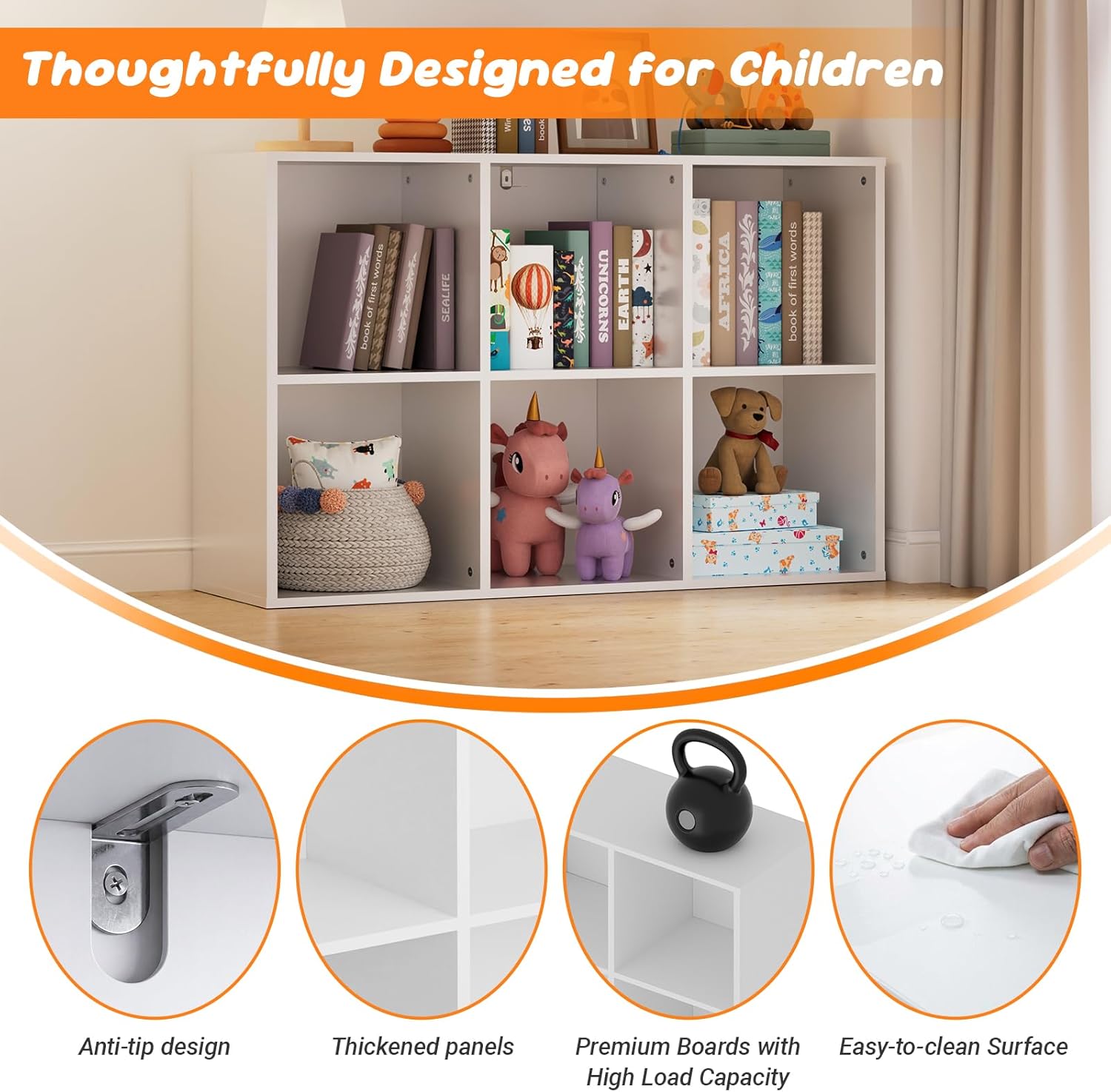 Skiennix 6 Cube Storage Organizer - White Kids Cubby Bookshelf with Anti-Tip Kit & Closed Back Panel