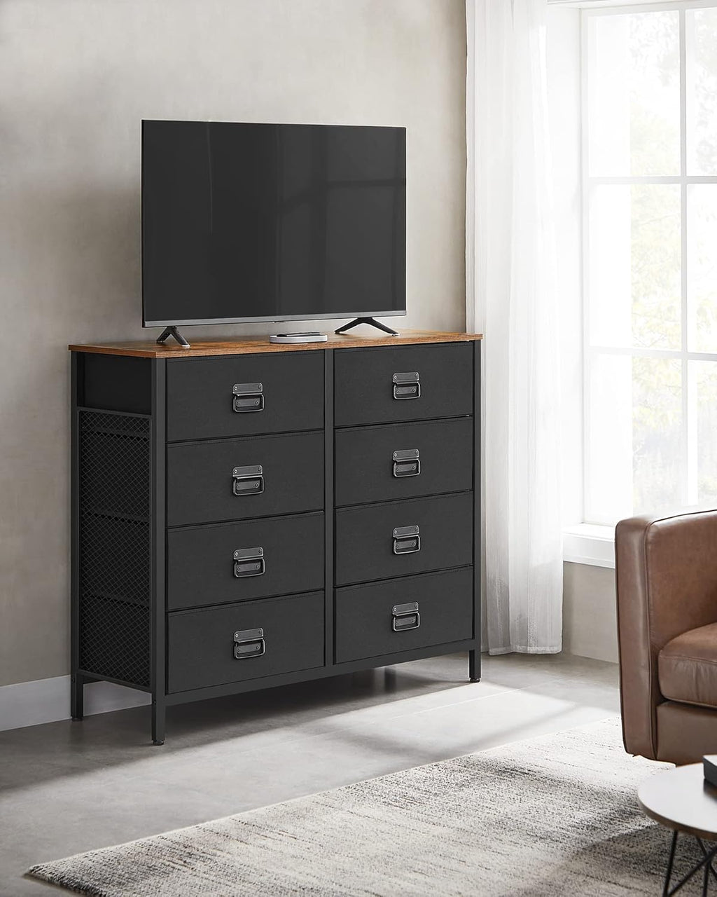 SONGMICS Fabric Dresser - 8 Drawer Storage Organizer Unit with Steel Frame | Rustic Brown & Black