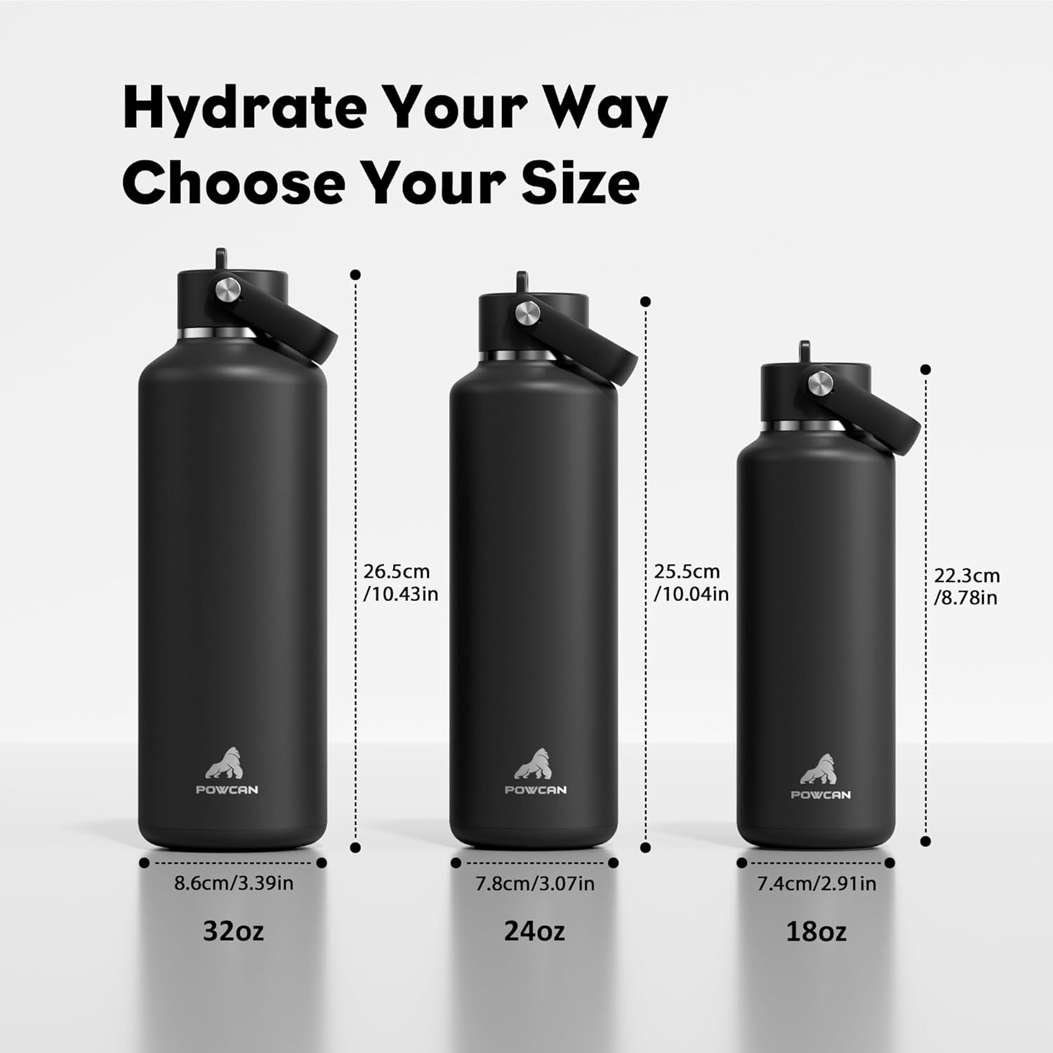 POWCAN 32oz Stainless Steel Slim Water Bottle - Vacuum Insulated, Sweatproof, Lightweight | Midnight Black