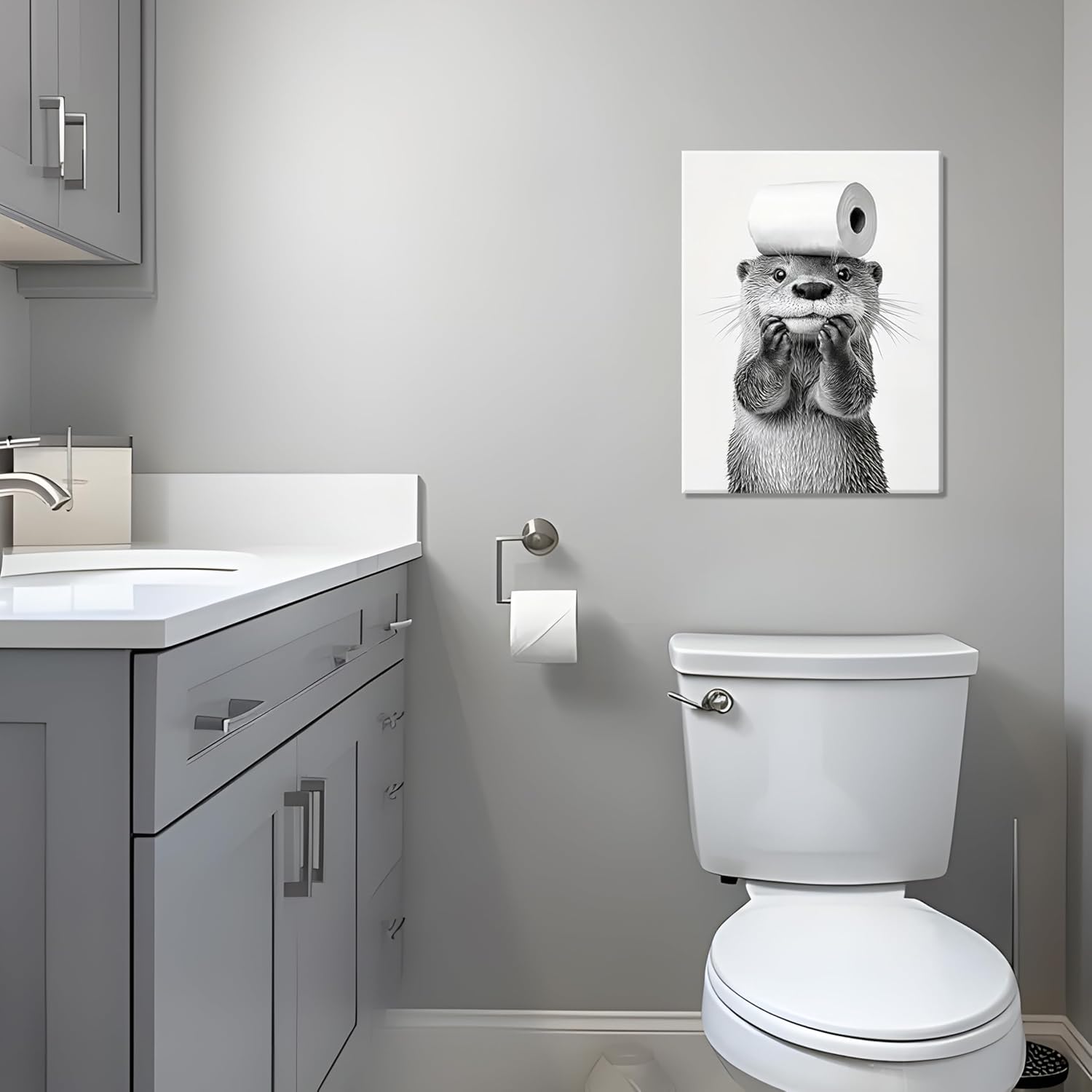 Otter Canvas Wall Art Set by Cute Bathroom | Funny Black and White Prints for Farmhouse Decor | 12x16 Inch