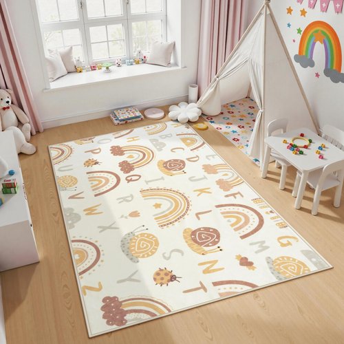 LIVEBOX Boho Rainbow Kids Rug, Cute Washable Playroom Rugs Non Slip, ABC Alphabet Learning Carpet for Nursery, Bedroom, Preshcool (Orange,3x5)