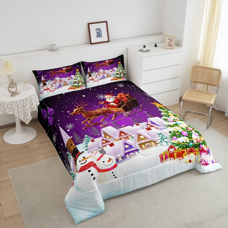 Manfei Xmas Comforter Set King Size, Snowman Christmas Tree Bedding Set 3pcs for Kids Boys Girls Room Decor, Santa Claus with Reindeer Quilt Set New Year Theme Duvet Set with 2 Pillowcases