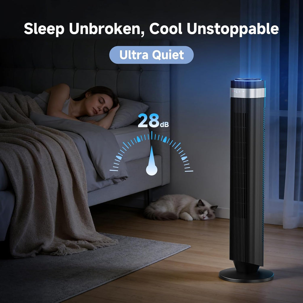 OLIXIS Quiet Tower Fan - Bladeless Oscillating Cooling Fan with Remote, 12H Timer, 5 Speeds | Black