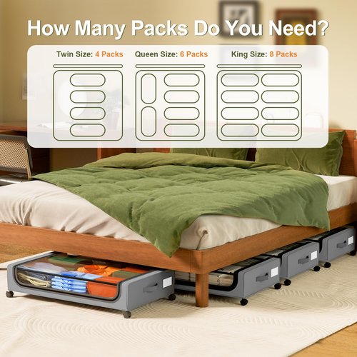GoMaihe Under Bed Storage with Wheels: 48L Underbed Storage Containers with Lids - Rolling Bins for Shoes Clothes in Dorm Bedroom - Metal Drawers Easy Pull-out Grey 4-Pack