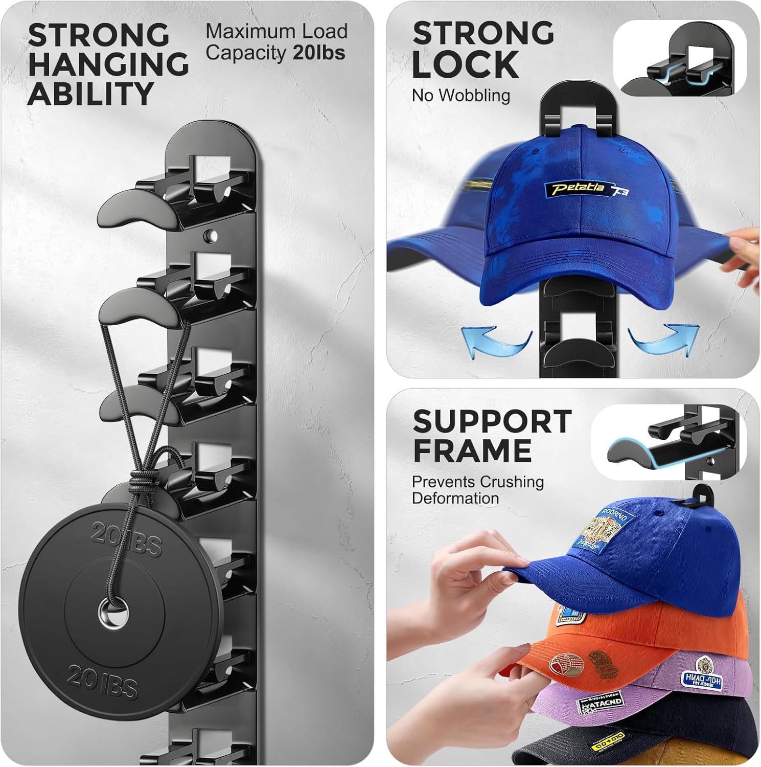 Skiennix Hat Organizer - Wall-Mounted Rack Holds Up to 20 Baseball Caps | Strong Adhesive & Screws, Black