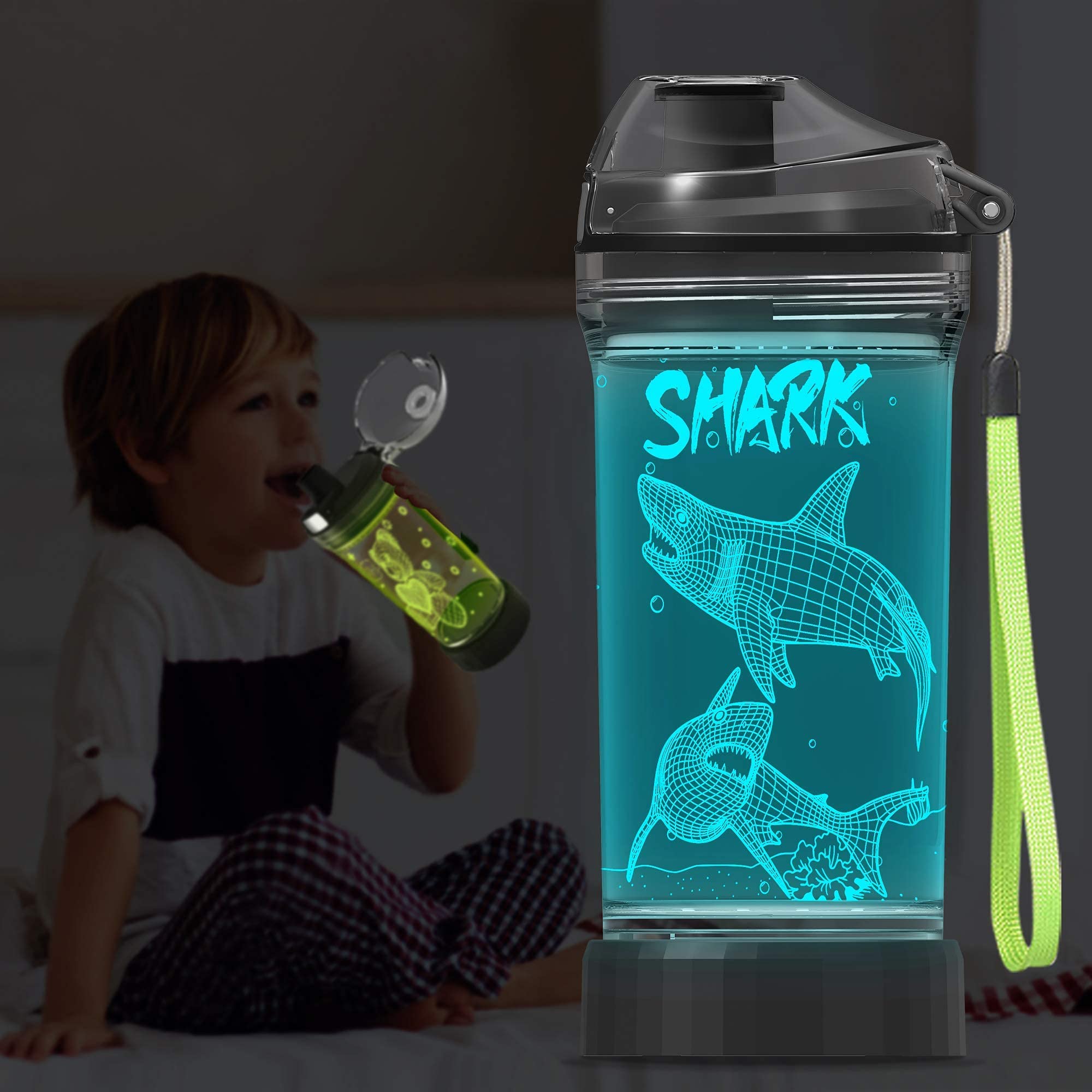 YuanDian Shark Gifts, Light Up Kids Water Bottle with 3D Ocean Animal Shark Design- 14 OZ Tritan BPA Free - Cool Drinking Cups Gift for School Kids Baby Boy Girl Child Christmas Holiday