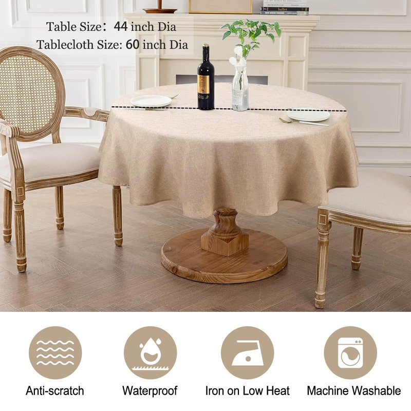 AUSSPVOCT Textured Linen 60 Inch Round Tablecloth Up to 48" Tables, Waterproof Spill-Proof Wipeable Round Table Cloth Wrinkle Free Circle Dining Tablecover for Birthday Farmhouse Spring Easter Decor