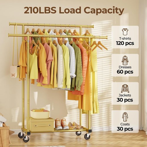 HYSEYY Double Rods Clothes Rack - Sturdy Portable Rolling Garment Rack for Bedroom & Laundry | Gold Finish