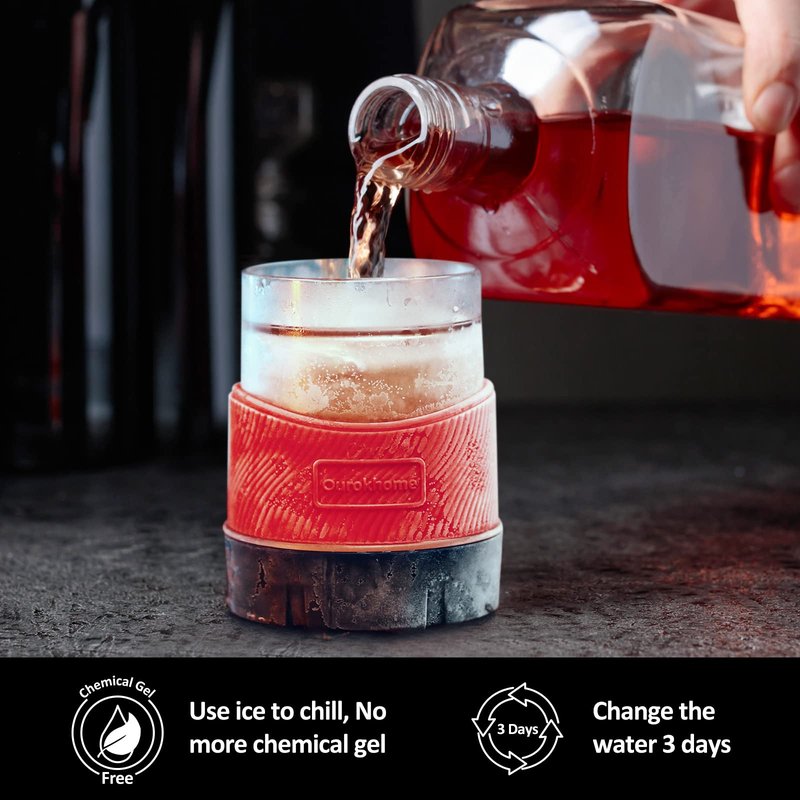 Ourokhome Whiskey Freeze Glasses, Patent Plastic Ice Chiller for Bourbon, Scotch, White Wine, 5 oz Insulated Liquor Tumbler for Men and Women, 2 Sets, with 2 Silicone Cup Mats, Red