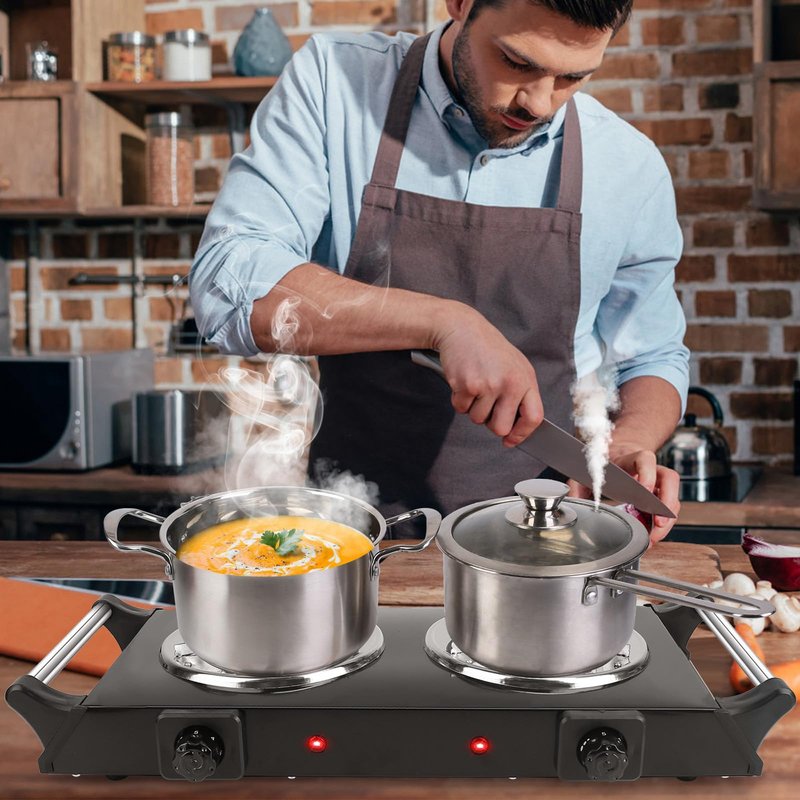 Zorpupoa Electric Hot Plate, 2000W Countertop Double Burner with Adjustable Temperature & Handles, Stainless Steel Coil Electric Stove for Cooking Cooktop for Home Kitchen Dorm RV Camp, Black, Small