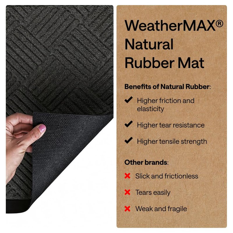 GORILLA GRIP 100% Waterproof All-Season WeatherMAX Doormat, 47x35, US Designed Natural Rubber, Stain and Fade Resistant, Low Profile Indoor Outdoor Door Mats, Easy Clean Patio Mat, Gray Diamond