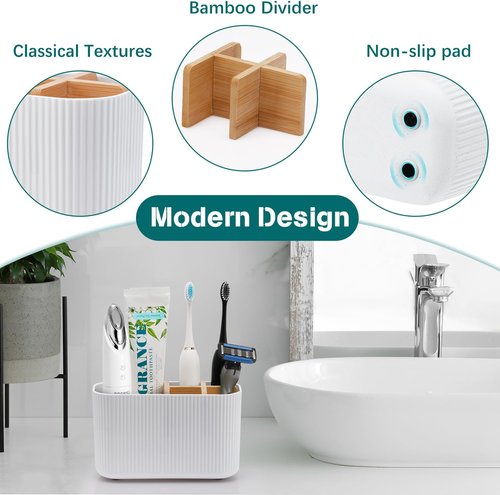 GFWARE Bamboo Toothbrush Holder - Stylish Organizer for Electric & Kids Toothbrushes | White Finish