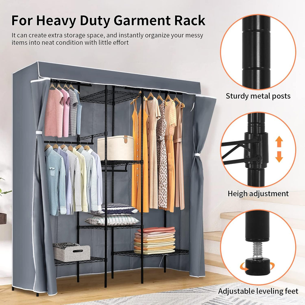 PayLessHere Adjustable Metal Garment Rack - Portable Clothing Rack with 4 Hanger Rods & 7 Shelves, Black