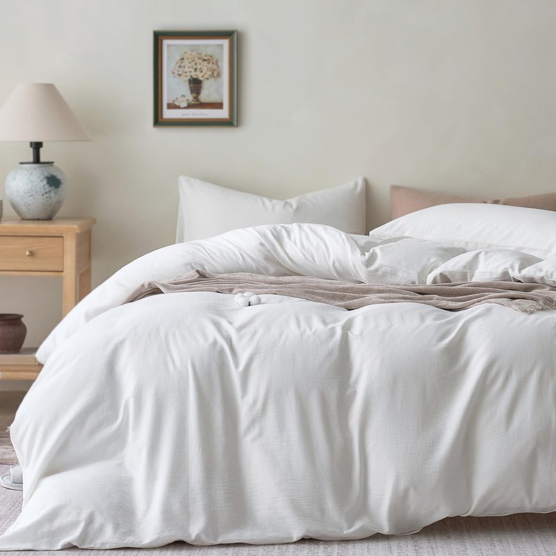 JELLYMONI Bedding Duvet Cover King Size - 100% Washed Cotton Linen Feel Textured Comforter Cover, 3 Pieces Lightweight Soft Bedding Set with Zipper Closure (Off White, 104"x90")