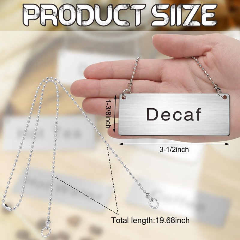Hicarer 5 Pcs Stainless Steel Chain Signs 3-1/2 x 1-3/8 Beverage Table Display Hanging Chain Sign(Coffee, Decaf, Hot Water, Hot Tea, Iced Tea)