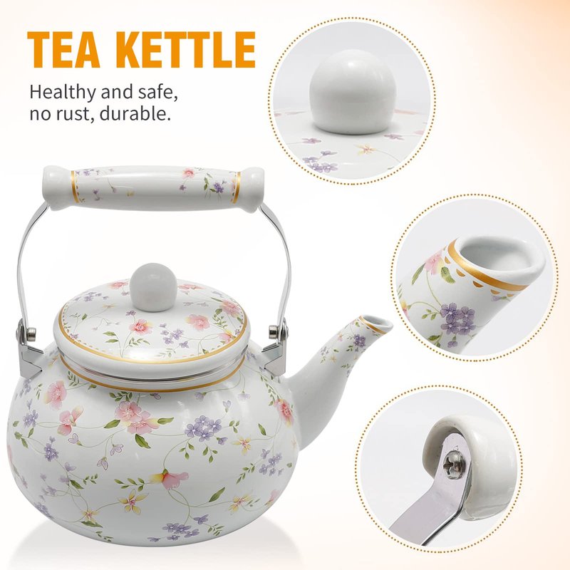 Saihisday Floral Teapot Enamel Afternoon 2.5L Tea Kettle For Stovetop, Large Flowered Tea Kettle with Ceramic Handel for Afternoon Tea Wedding Party Housewarming Gift