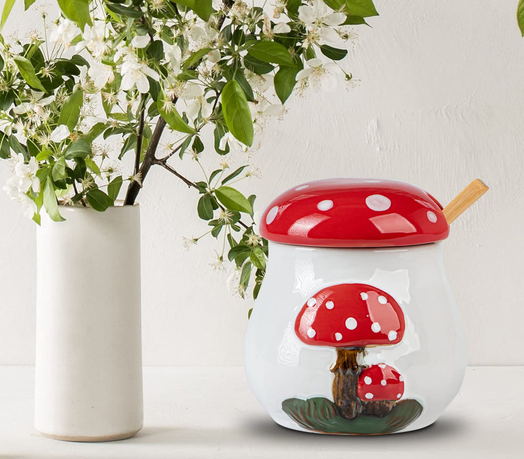 dgudgu Mushroom Sugar Bowl With Lid And Spoon Ceramic Sugar Bowl For Countertop Sugar Dish With Lid And Bamboo Spoon Sugar Container