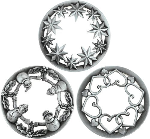 Holiday Candle Toppers by [Brand Name] - Set of 3 Silver Metal Lids with Star, Heart & Snowman Designs | Fits 80mm Jars