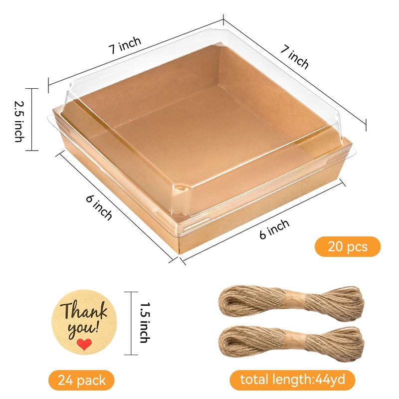 Kucoele 7 x 7 Inches Charcuterie Boxes with Clear Lids, 20 Pack Disposable Large Paper Charcuterie Boxes, To Go Food Containers for Charcuterie, Sandwiches, Cookies, Cake Slices, Strawberries (Brown)