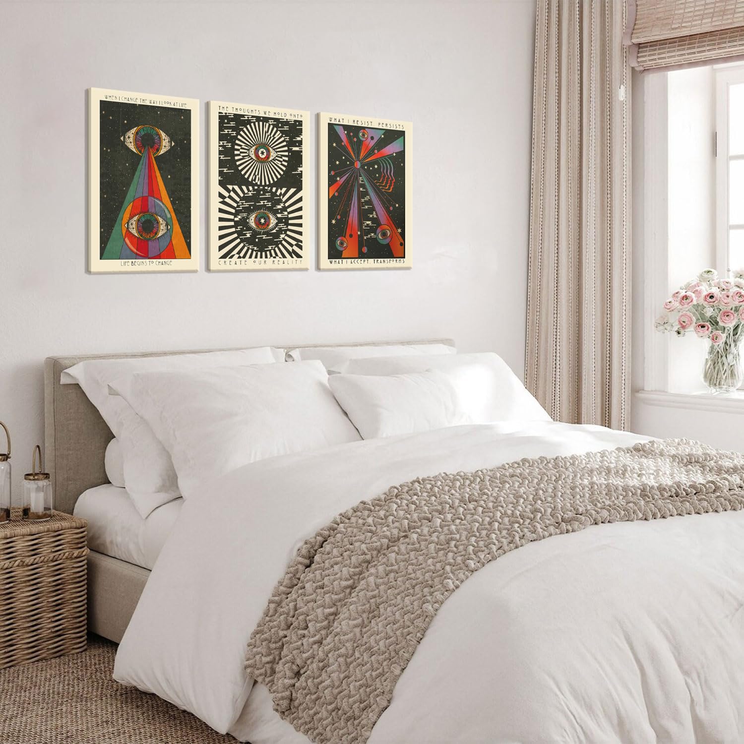 Framed Retro Hippie Wall Art Set of 3, Meditation Psyche Delic Eyes Canvas Art Boho 70's Teen Wall Decor Inspirational Quote Painting Pictures Printsfor Bedroom Living Room16x24in