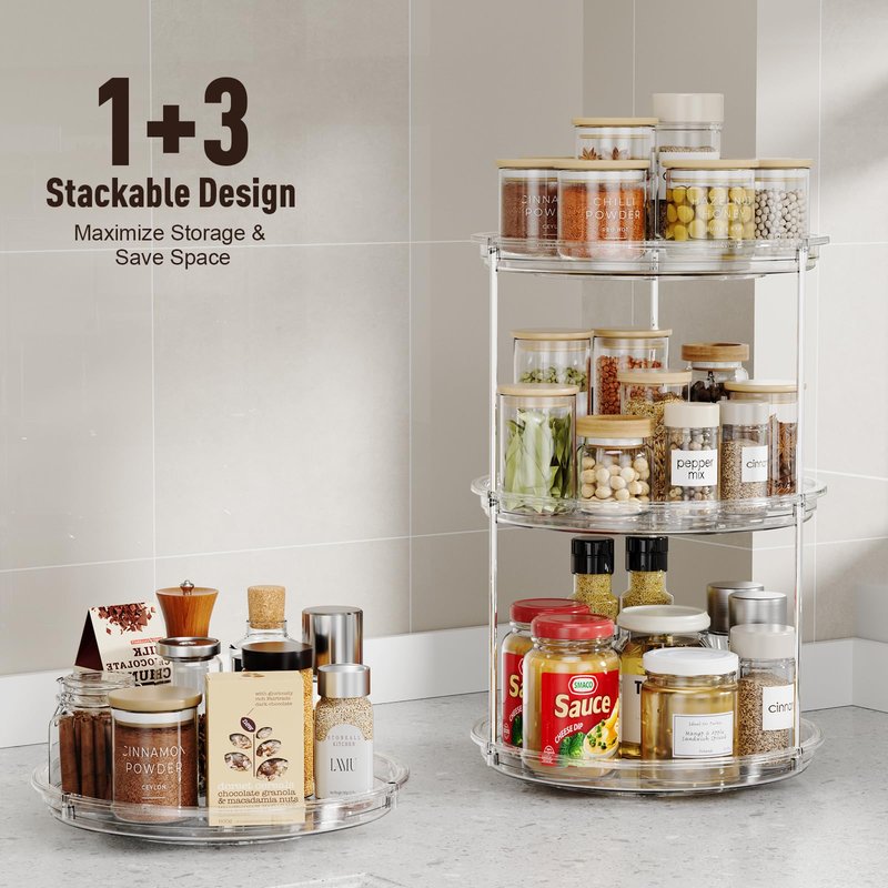LazySpin 2 Pack 2 Tier Lazy Susan Organizer, 9.25'' Lazy Susan Turntable for Cabinet, Stackable Turntable Organizer Rotating Spice Rack Organization for Kitchen Countertop, Pantry, Bathroom, Clear