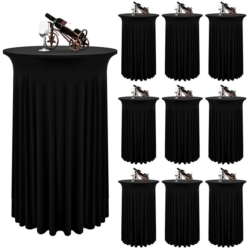REWOMC 10 Packs Round Cocktail Table Skirt 24"x 43" Spandex Stretch Cocktail Tablecloth with Wavy Drapes, Black Spandex Fitted High Top Table Covers for Wedding Bar Party Birthday Banquet Tables