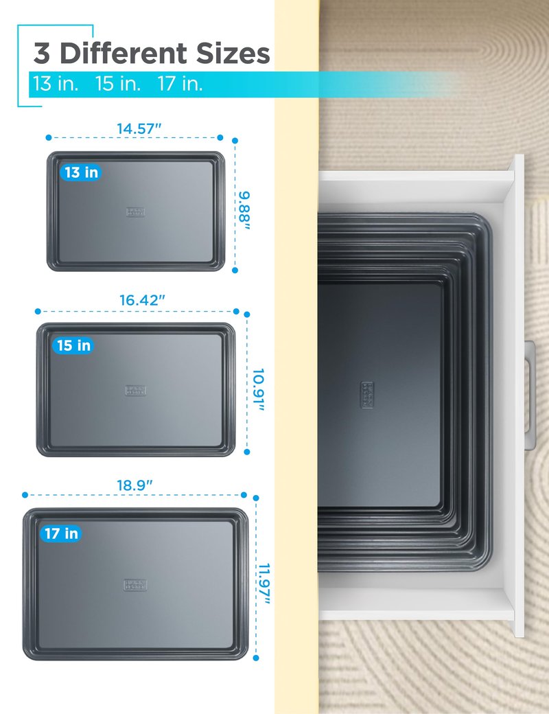 BLACK+DECKER 3-Piece Carbon Steel Baking Sheet Set, Includes 13”, 15”, 17” Cookie Sheets for Baking, 0.4mm Carbon Steel Baking Pans Set with Ceramic Non-Stick Coating, PFOA & PTFE Free, Black Finish