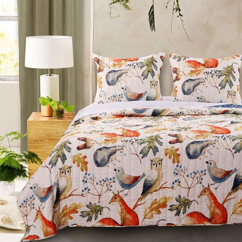 Greenland Home Willow Novelty Forest Animals Reversible Quilt Set, 2-Piece Twin, Natural