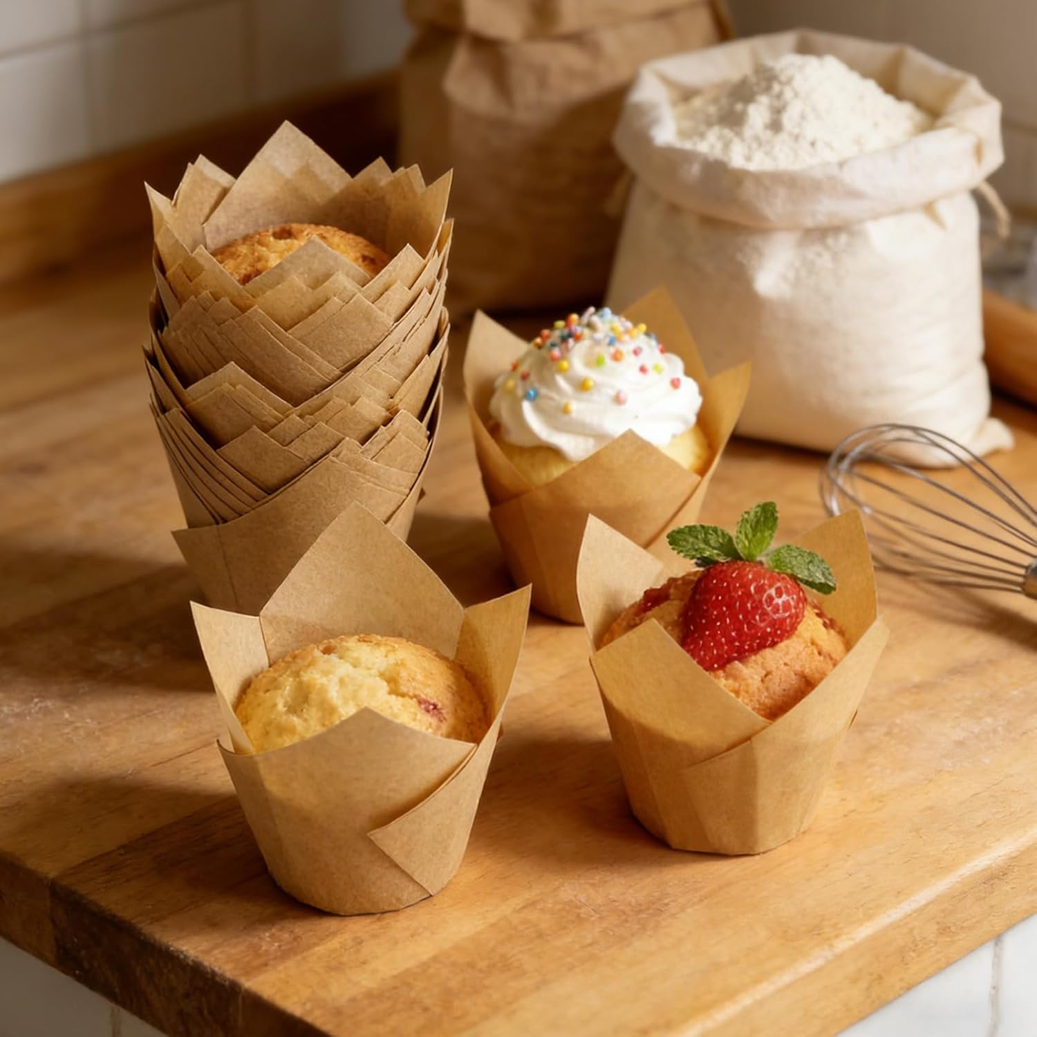 Skiennix Tulip Cupcake Liners - 250 Pcs Parchment Paper Muffin Liners for Baking | Natural Color
