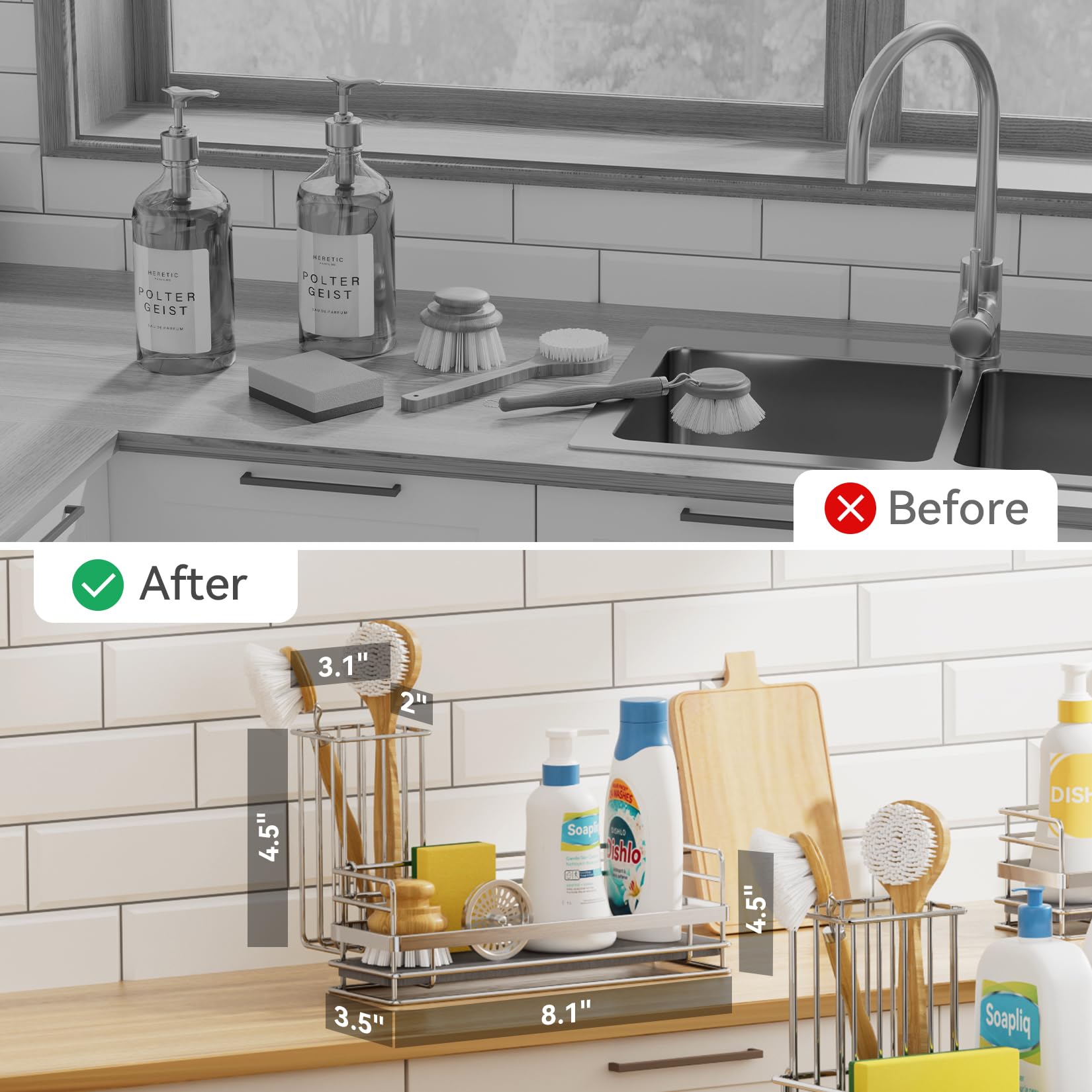 Yofidra Sink Caddy with Stone Drying Tray: Stainless Steel Soap Dispenser Kitchen Sink Organizer Set, Sponge Holder Counter Accessories Decor for Kitchen Organizers and Storage 8.1x3.5x4.5 in Sliver