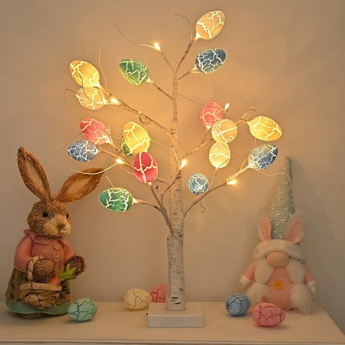 Kemooie 24-Inch Pre-Lit White Birch Tree | 24 Easter Egg Ornaments & LED Lights | Perfect Spring Table Centerpiece