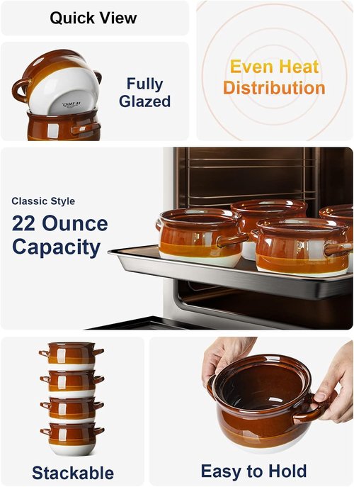 LE TAUCI French Onion Soup Bowls - 22 Ounce Ceramic Crocks with Handles | Oven Safe Set of 4