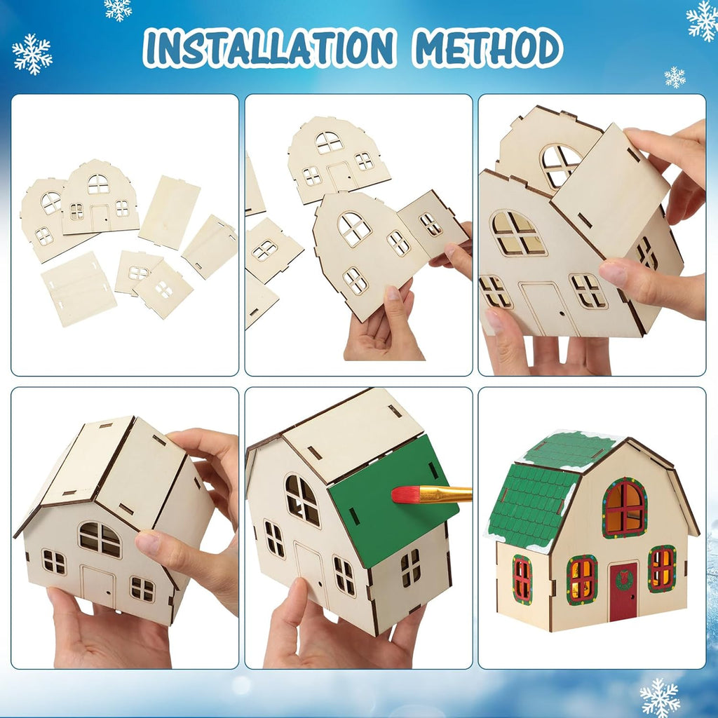 Wonderjune DIY Christmas Village Set - 3 Large 8-Inch Wooden Houses for Holiday Crafts & Decorations
