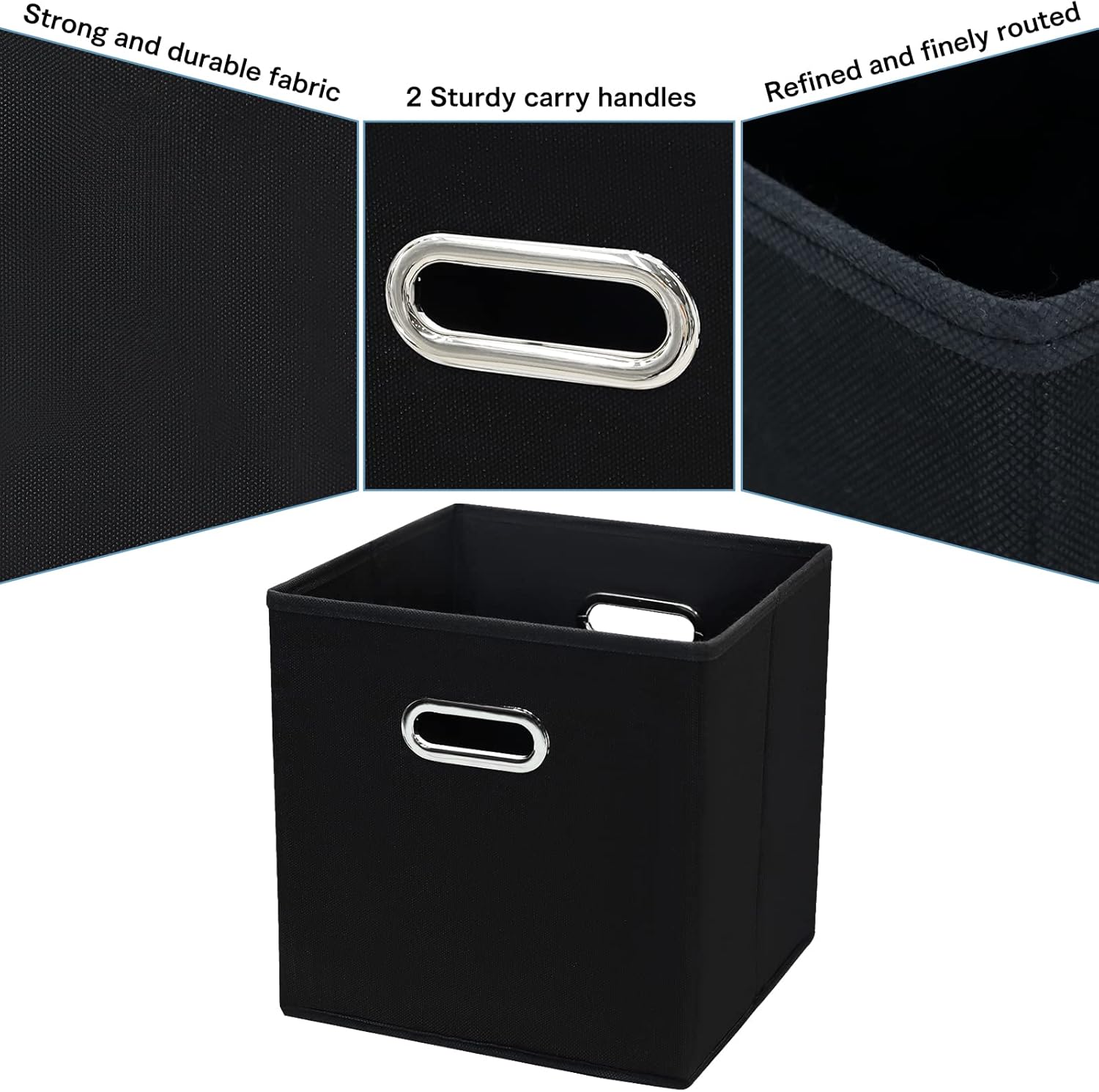 Skiennix Black Fabric Cubby Storage Bins - Foldable Cube Organizer with Dual Handles | Set of 3, 13x13x13 Inches