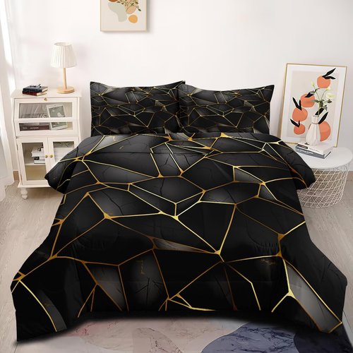 CCoutueChen Black Gold Geometric Comforter Set King Size Golden Metallic Foil Bedding Set Triangles Marble Print Comforter for Men Teens Boys 3Pcs Soft Summer Lightweight Bed Set