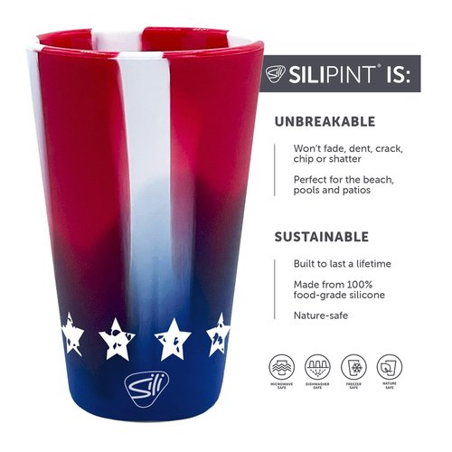 Silipint: Pint Glasses 16oz: 2 Pack - Stars & Stripes - Silicone Unbreakable Cups, Hot & Cold Drinks, Dishwasher-Microwave-Freezer-Oven Safe, USA Made