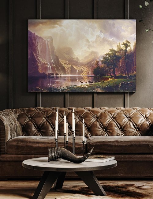DECORARTS - Albert Bierstadt Among the Sierra Nevada California Giclee Canvas Print Wall Art, Mountain Landscape Decor, Made in USA 36x24