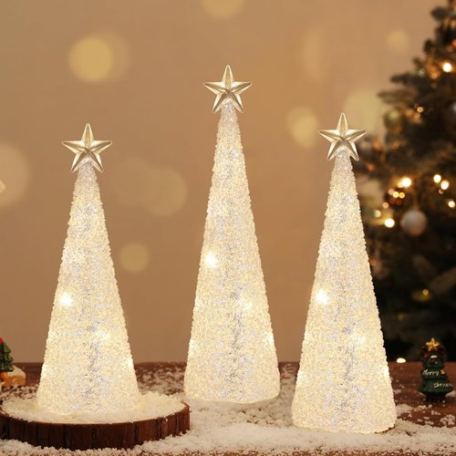 Lewondr LED Glass Christmas Tree Tabletop Lamps - Warm Yellow Light, 3 PCS with Timer for Holiday Decor