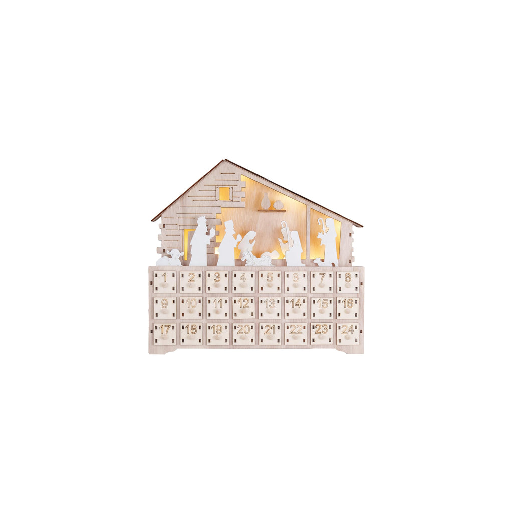 Creative Co-Op Wood Laser Cut Nativity Advent Calendar with LED Light and Drawers, Natural
