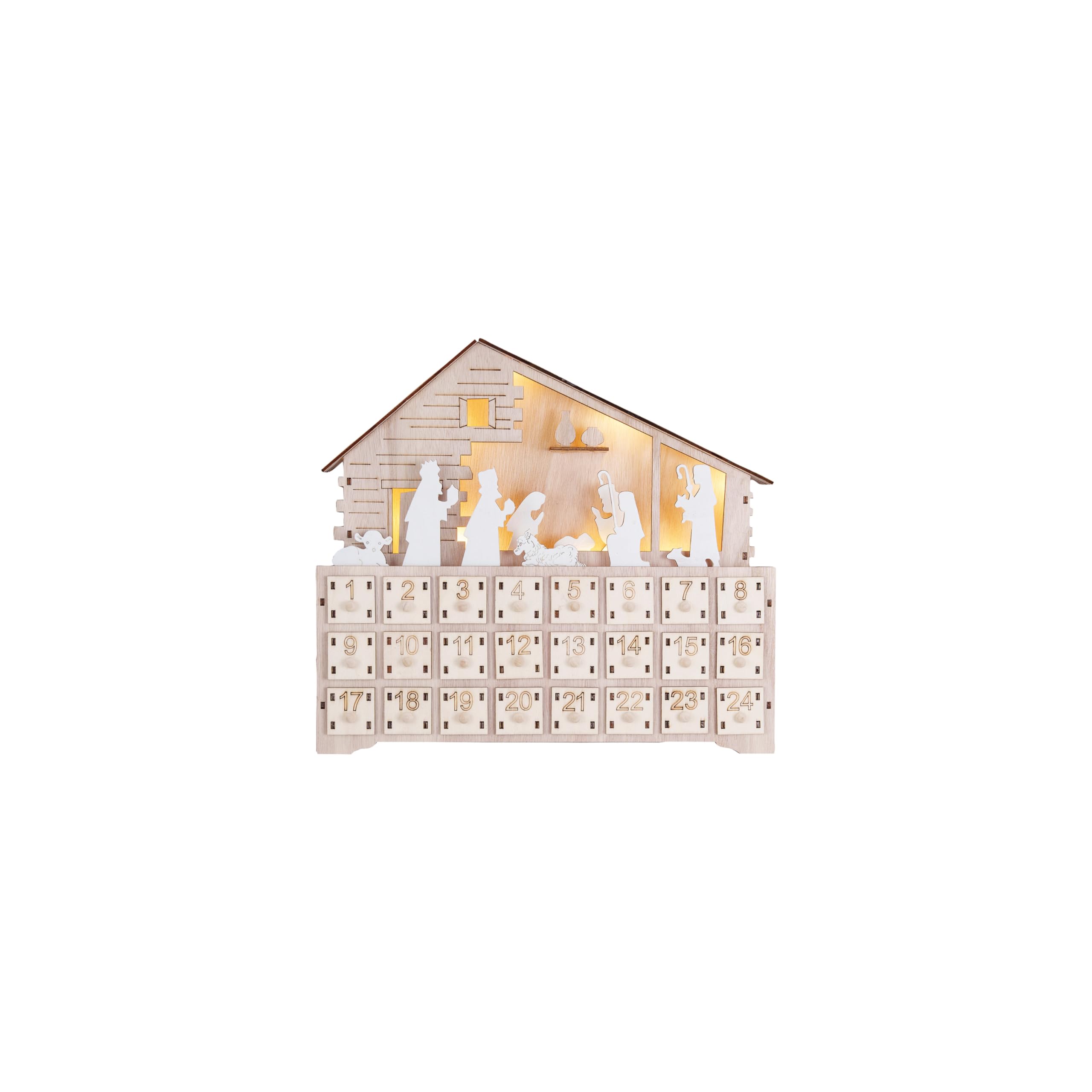 Creative Co-Op Wood Laser Cut Nativity Advent Calendar with LED Light and Drawers, Natural