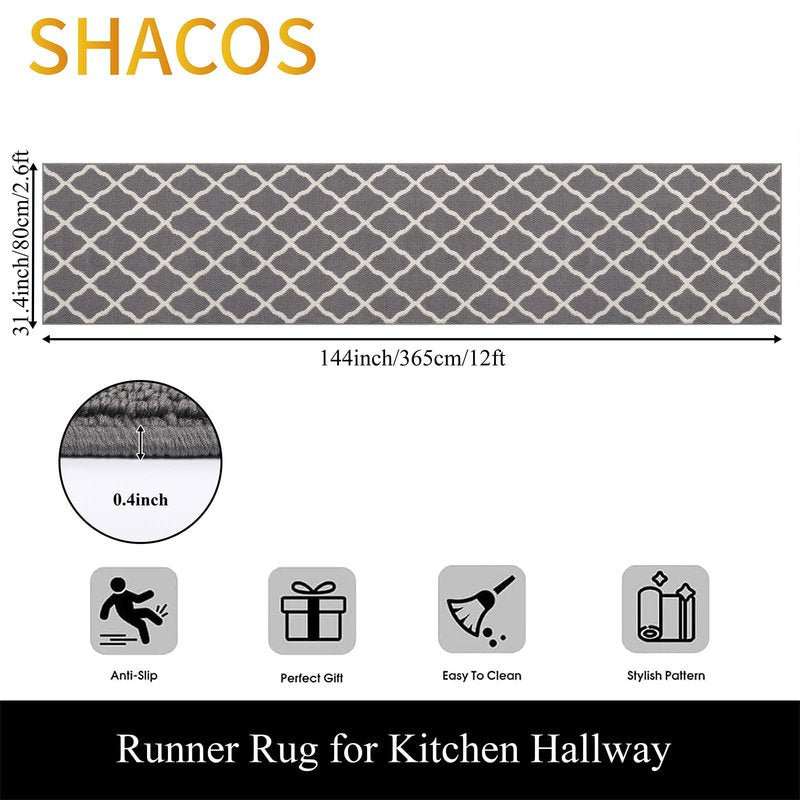 SHACOS Hallway Runner Rugs 2.6x12 ft Long Washable Non Slip Rubber Backing Carpet Runner Dirt Trapper Floor Runner Mats for Kitchen Hall Entryway Living Room, Light Gray
