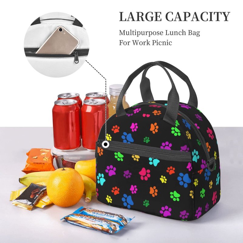 Colorful Dog Animal Paws Lunch Bag Reusable Insulated Lunch Tote Bag Lunchbox Container With Adjustable Shoulder Strap For Office Work School Picnic Travel