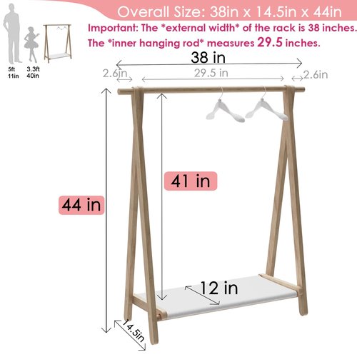 Kids Clothing Rack, Solid Wood Dress-Up Storage Organizer, Child Garment Rack with Bottom Storage Shelf for Baby & Kids Long Dresses and Costumes, Easy Assembly (Natural Beech, 38"W x 14.5"D x 44"H)