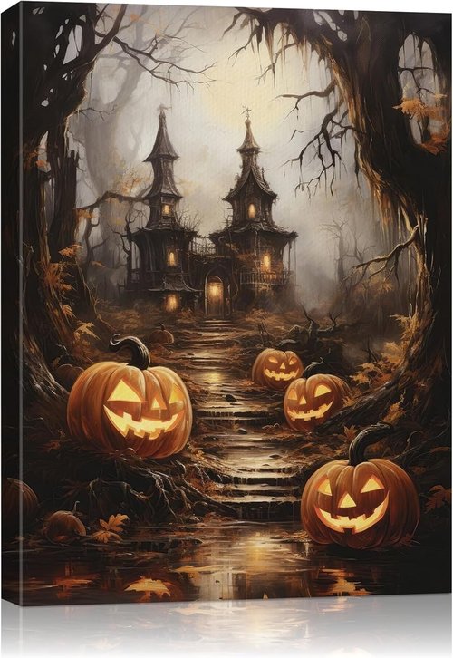 AbcCustomize Halloween Canvas Wall Art - Spooky Haunted House & Eerie Pumpkins | Gothic Fall Decor for Living Room & Bedroom