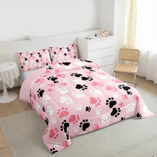 Feelyou Kids Dog Comforter Set - Twin Size, Kawaii Dog Animals Print Bedding Set - Pink, White, Black Duvet & Quilt Set (2Pcs)