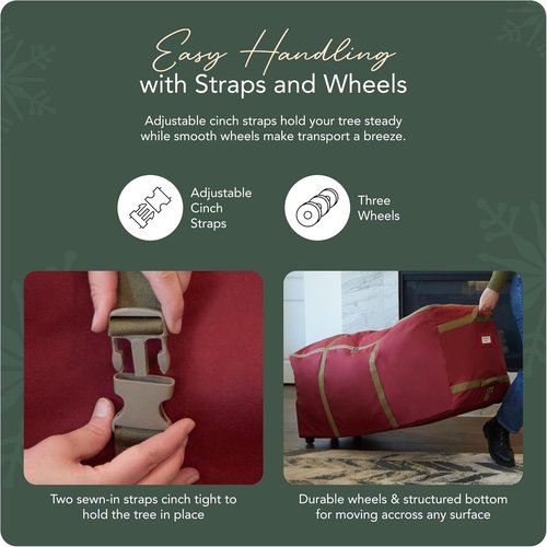 Covermates Keepsakes Christmas Tree Storage Bag - Heavy-Duty Rolling Design with Wheels & Reinforced Handles - Durable Red Holiday Solution