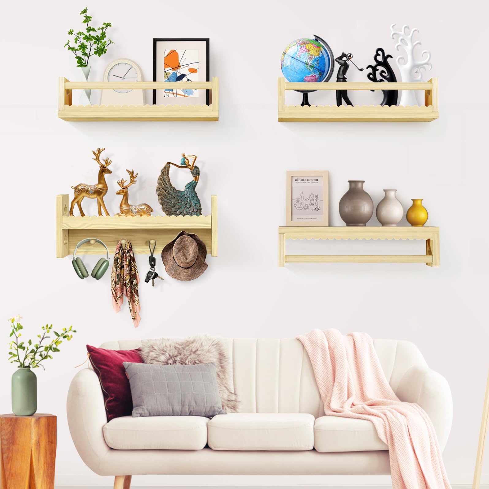 Idefair 16.5 Inch Floating Nursery Book Shelves Set of 4, Kid's Bookshelf for Wall, Natural Wood Toddler Room Decor and Storage Hanging Organizer